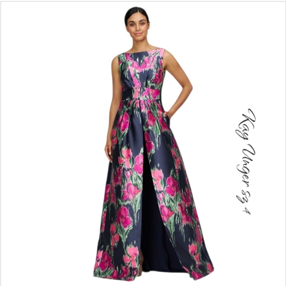 Kay Unger Evelyn Walk Thru Jumpsuit Navy Floral Mikado Gown  sz 4